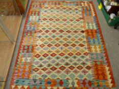 Vegetable dye wool Chobi Kelim carpet, multi-coloured with block border and busy central panel,