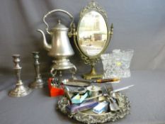 Selection of EPNS ware, two cut glass vases and a brass pedestal toilet mirror