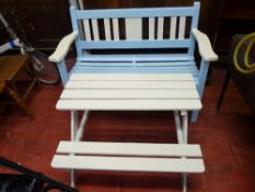Blue and white painted garden bench and a white bench table, 121 cms long the bench