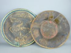 Two Peter Askem pottery chargers, 41 cms diameters approximately, incised signatures dated 1967