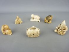 Four Meiji period Japanese ivory netsukes and two small figurines, one netsuke in the form of a