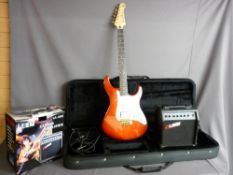 Yamaha Pacific modern electric guitar in a Boston carry case with a boxed Leem GA-610D guitar