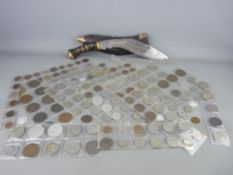 Vintage kukri knife with lion's head pommel in sheath and a collection of sleeved mainly overseas