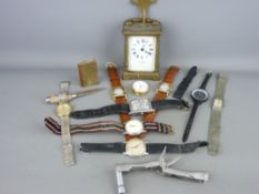 Mappin & Webb brass carriage clock with key and a quantity of mainly gent's wristwatches