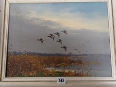 GEORGE STEVENS oil on canvas - 'Ducks in Flight over Marsh', signed, 29 x 39 cms
