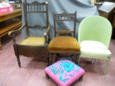 Vintage cane work seated commode, Lloyd loom style bedroom chair, Edwardian rocker with carved crest