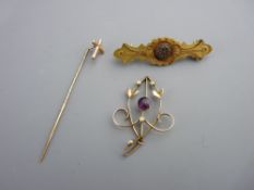 Fifteen carat gold oblong bar brooch, 2.7 grms, a nine carat gold seed pearl and sapphire pendant,
