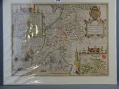 JOHN SPEED coloured tinted map of Caernarvan, both shyre and shire-towne, with the ancient citie,