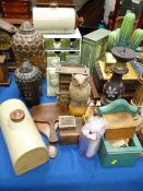 Collection of vintage mainly treen boxes, storage containers and carvings, two sets of composition