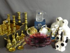 Decorative brassware including candlesticks, Staffordshire dogs, an art glass pedestal bowl and