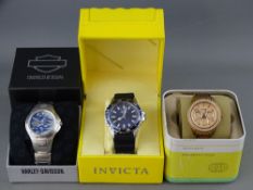 Three boxed designer gent's watches - Fossil, Invicta & Harley Davidson