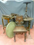 Circular pub table, Victorian shield back hall chair, two tier mahogany tea trolley, Benares brass