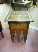 Victorian Persian type multi-wood and mother of pearl inlaid side table, 62 cms high, 45 cms