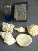 Selection of vintage seashells and coral, a modern desktop amuser and an art glass vase