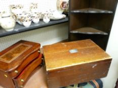 Mappin & Webb lidded box with white metal presentation plaque, a mixed woods jewellery chest with