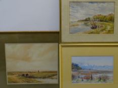 PETER RUSHBURY watercolour - farmers and cattle on a track at riverside, 30 x 39 cms, F LIVESEY