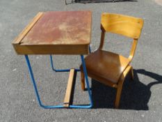 Vintage child's desk and chair, a garden trellis and planter tray, a Lloyd loom style wicker linen