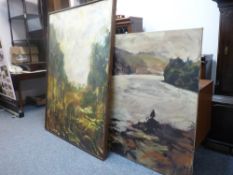 JOANNA SOUTHWELL two large semi-abstract oils on canvas - lakeside scene and tree lined country