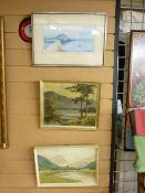 Three framed vintage paintings including CHARLES B DICKENS oil on board - lake scene, 27 x 32 cms, T