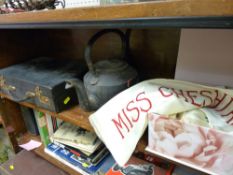 Vintage stationery case, a Victorian cast iron kettle, a 1955 Cheshire Football Queen silk sash