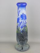 Daum Nancy cameo glass vase, 33.5 cms high, having blue flowers and foliage on a mottled ground (