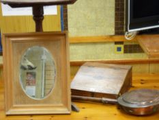 Antique oak laptop desk, a copper long handled warming pan, pine framed mirror and a Victorian