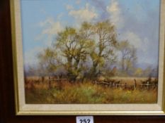 JAMES WRIGHT oil on board - countryside scene with pheasants on a fence, signed, 19 x 24.5 cms