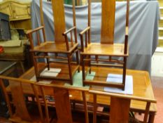 Good Chinese rosewood dining suite of oblong table with turned corner legs, 190 x 90 cms together