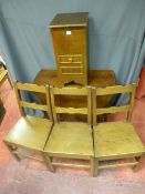 Three antique oak farmhouse chairs, a vintage oak sewing cabinet and contents and an oak barley