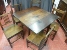 19th Century mahogany twin flap table, a pair of and further set of three antique farmhouse