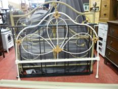 Antique cast iron single bed end, pair of modern metal bed ends with connecting irons etc