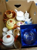 Mixed quantity of pottery and glass tableware, collection of swan ornaments, ginger jars and biscuit