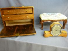 Portable collector's chest with lockable fall down front, a small upholstered top footstool and an