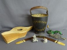 Mixed collectables - a leather strapped pail labelled 'Windsor Castle', a boomerang, lead inkwell,