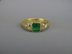 Eighteen carat gold ring with square shaped emerald surround by three flanking diamonds either side,