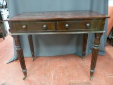 Victorian mahogany two drawer hall table with turned wooden knobs on fluted supports with brass