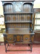 Vintage Jacobean style oak dresser sideboard, the upper shelves with decorative aprons and central