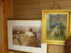 Gilt framed oil on board - Jack Russell dog sitting by a bench, unsigned with small paper label