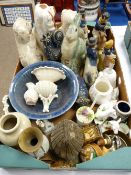 Rye pottery rabbit, three items of Belleek porcelain, a selection of Staffordshire style figurines