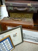 Two vintage suitcases, one containing a collection of royal memorabilia ephemera, a repousse brass