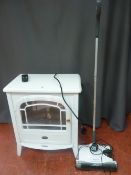 As new white Dimplex electric fire (log burner design) and a small G-Tech vacuum cleaner E/T