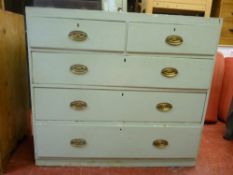 Antique blue painted chest of two short over three long drawers, 103 cms high, 114 cms wide, 53.5