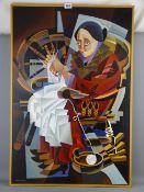 ALEX CAMPBELL acrylic on canvas - woman knitting in a rocking chair, signed and dated 1999, 76 x