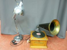 Stylish chrome electric anglepoise lamp and a reproduction Thomas Home Phonograph with horn E/T