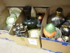 Two boxes of modern and vintage style ornamental ware including an Art Deco style lamp with