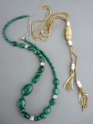925 silver and malachite necklace of graduated beads, 34 grms and a yellow metal and ivorine