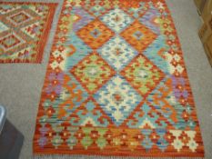 Vegetable dye wool Chobi Kelim carpet, vibrant colours with central diamond block pattern and single