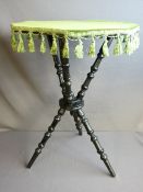 Circa 1900 ebonized gypsy table with tassel edged velvet cover, 68 cms high, 48 cms top
