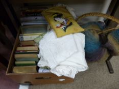 Quantity of vintage linen, a basket of knitting wool and a mixed quantity of books