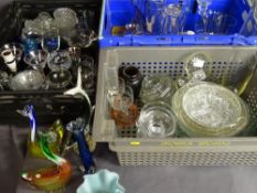 Three crates of glassware including Whitefriars style chimney vase, Babycham glasses, art glassware,